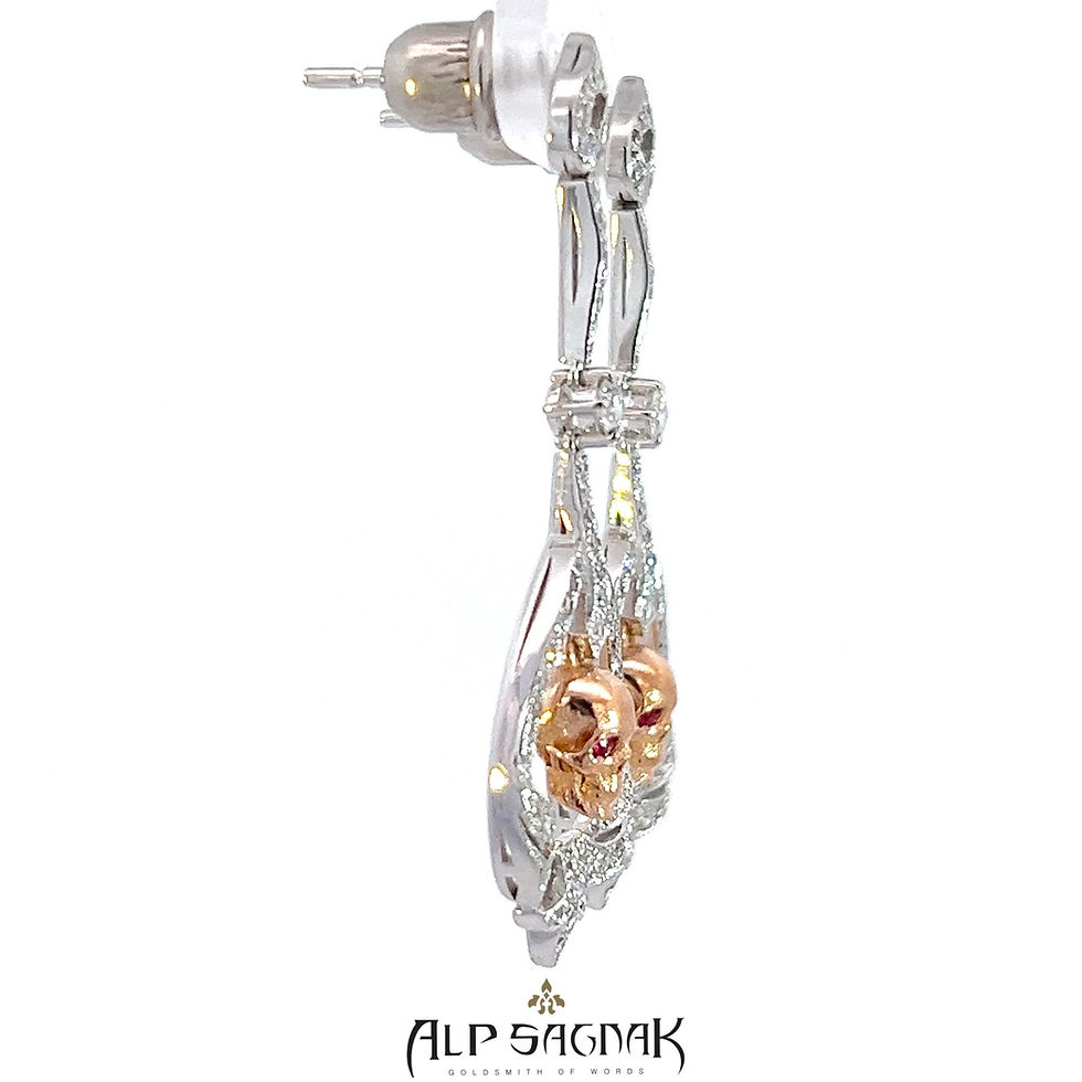 Thumbnail: Alp Sagnak 14 k White Gold and Rose Gold Art Deco Skull Earrings Diamonds Rubies