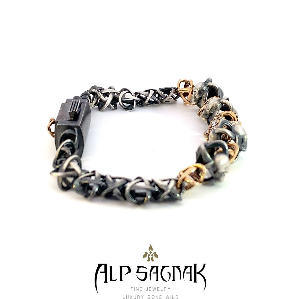 Thumbnail: Alp Sagnak 14K Yellow Gold 925K Silver Skull Atom Bracelet Diamonds Black