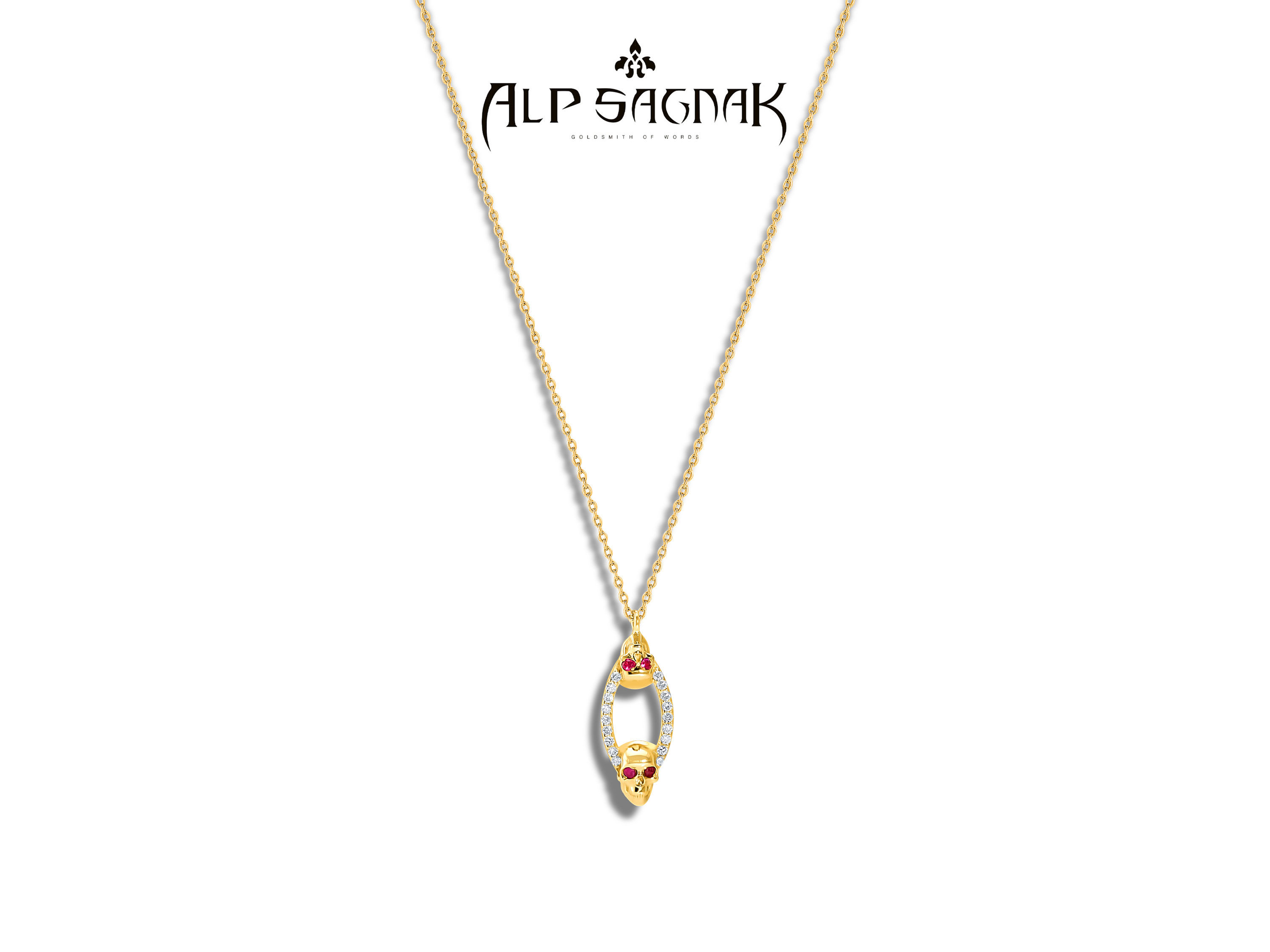 14 K Yellow Gold Skull Pendant with Diamonds and Rubies