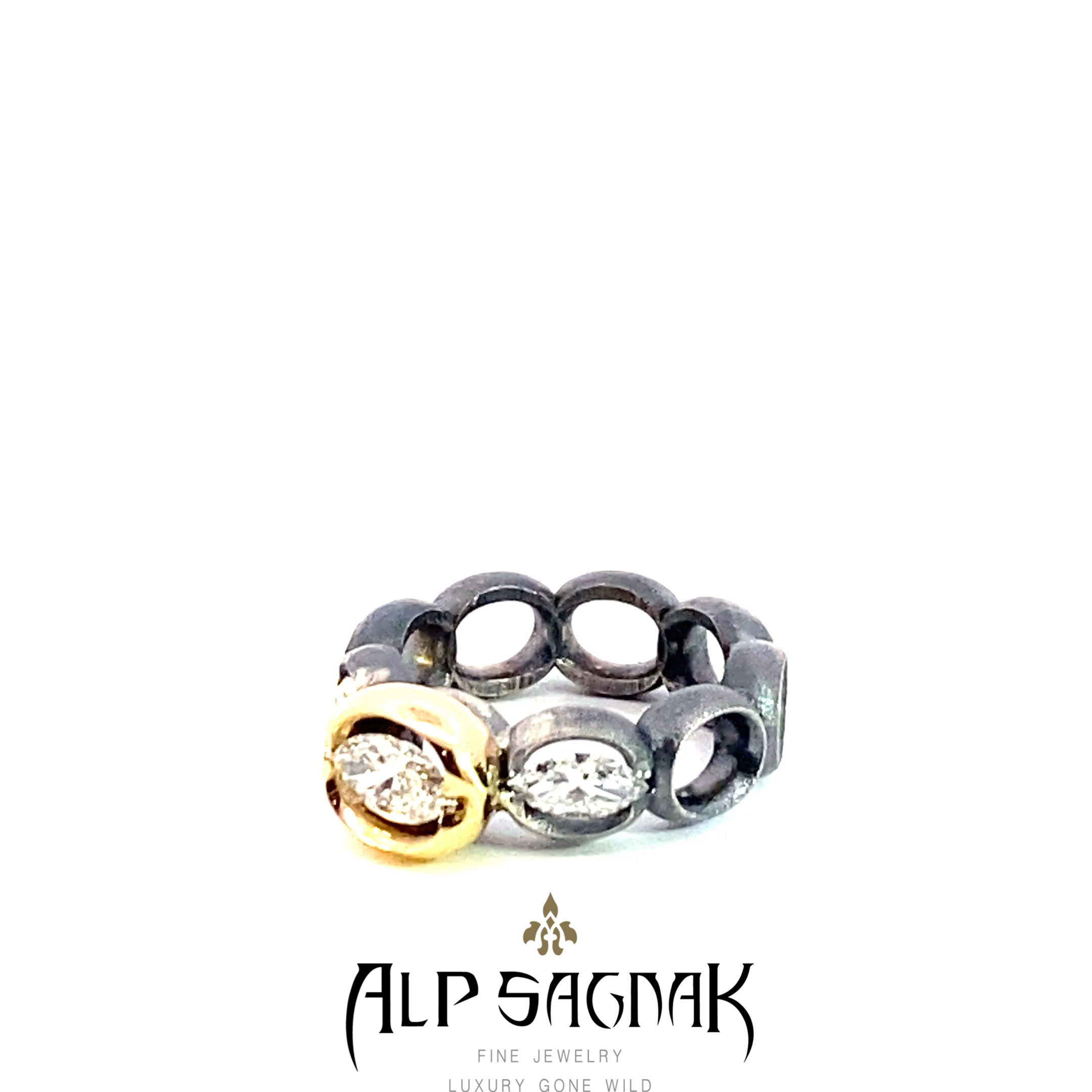 Alp Sagnak Silver And 14K Gold ThePortal Ring 1.3 Ct Horizontal Marquise Diamond