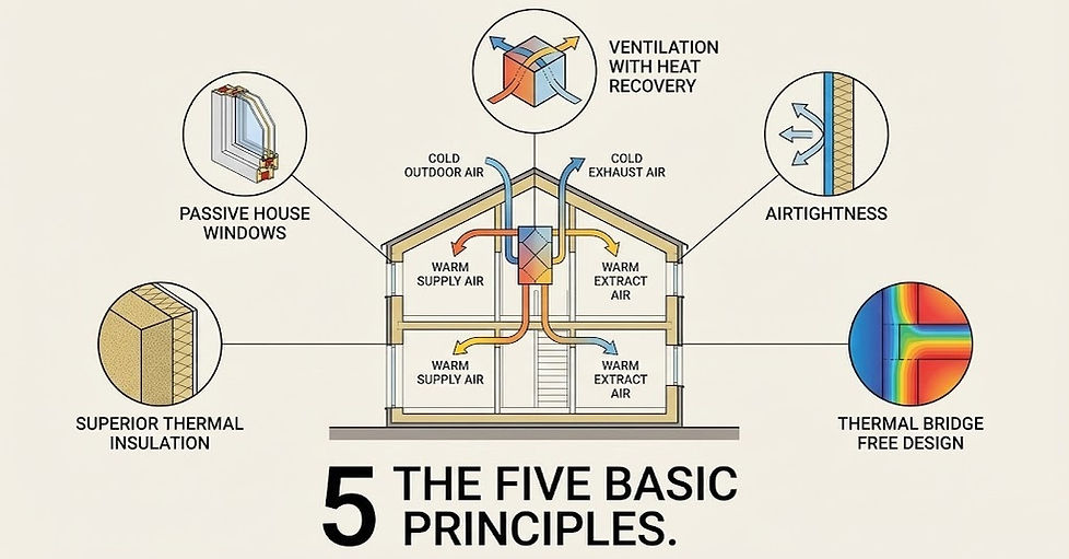 Five basic principles of Passive House construction including insulation ventilation and airtight building envelope