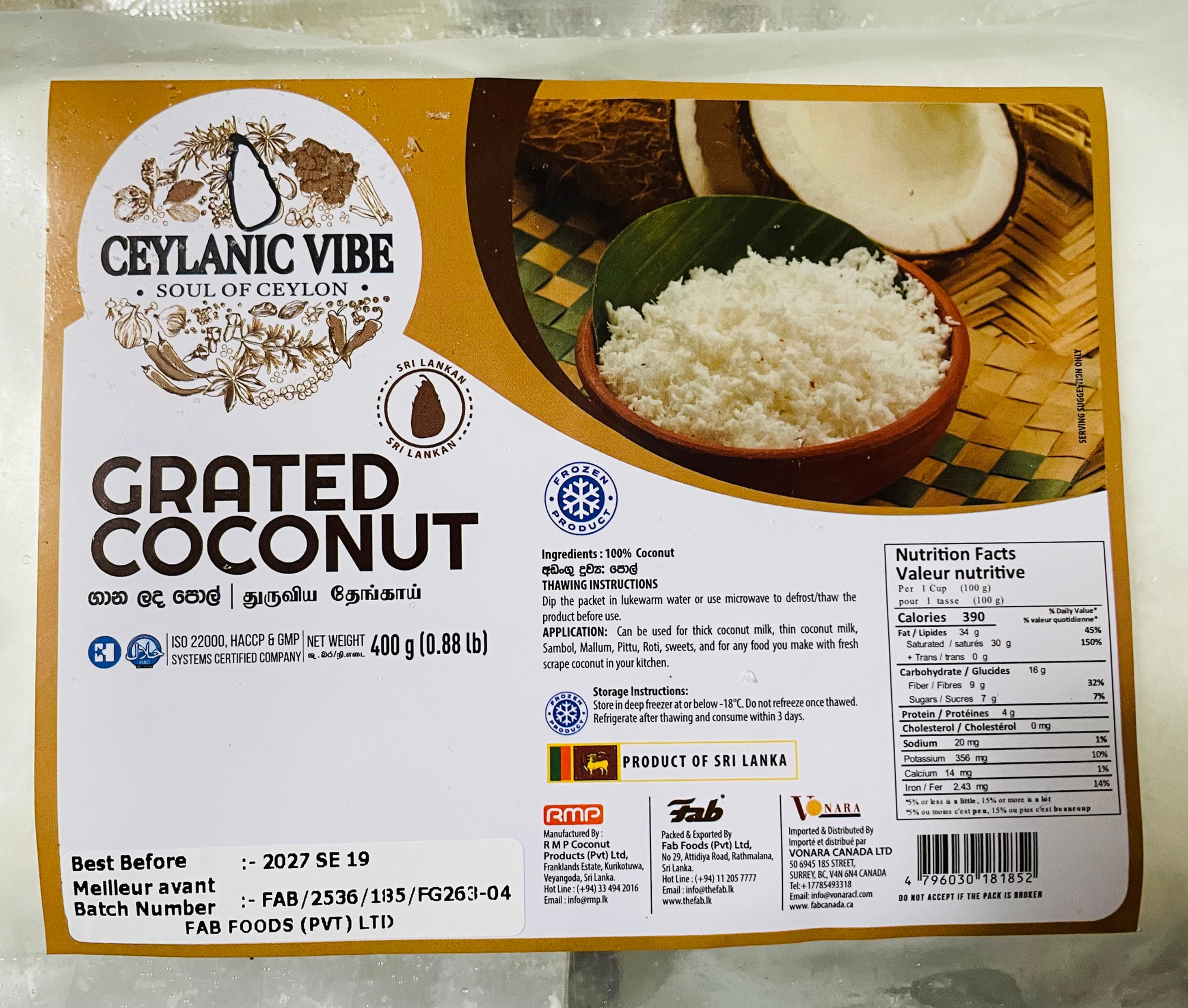 FAB Ceylanic Vibe Grated coconut Frozen 400g 
