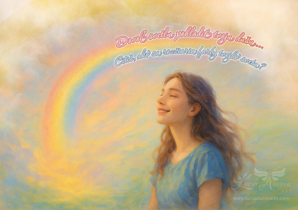 Zasnená mladá žena sleduje dúhu v oblakoch. Magický moment jej vyčaril úsmev a naplnil pocitom pokoja a harmónie.