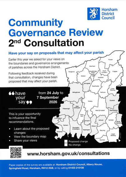 Horsham District Council poster for Community Governance Review 2nd Consultation, with parish boundary map, dates, QR code, and website.