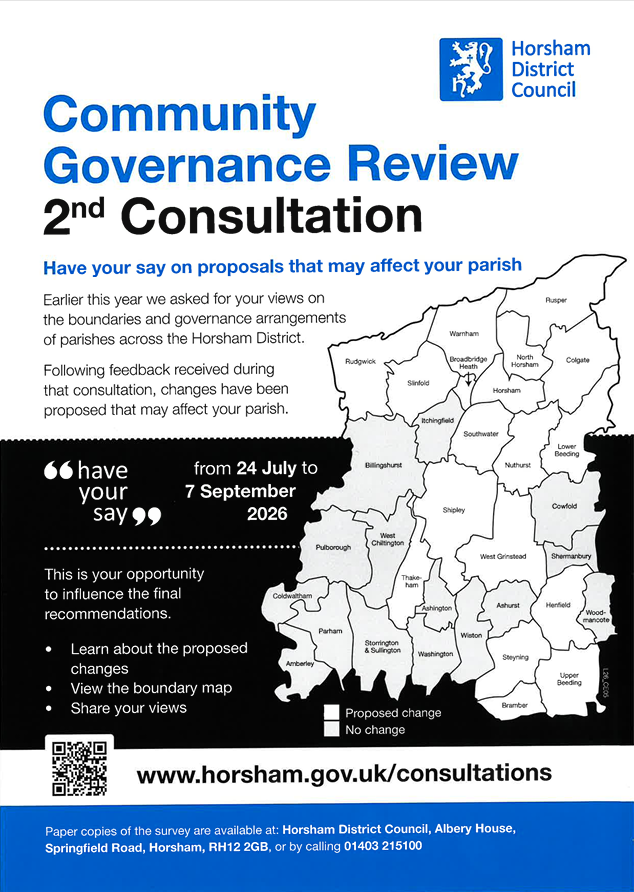 Horsham District Council poster for Community Governance Review 2nd Consultation, with parish boundary map, dates, QR code, and website.