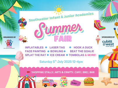 Summer Fair poster with colorful graphics: inflatables, food, beach balls, and more. Event details: July 5, 2025, 12-4pm. Bright, festive mood.