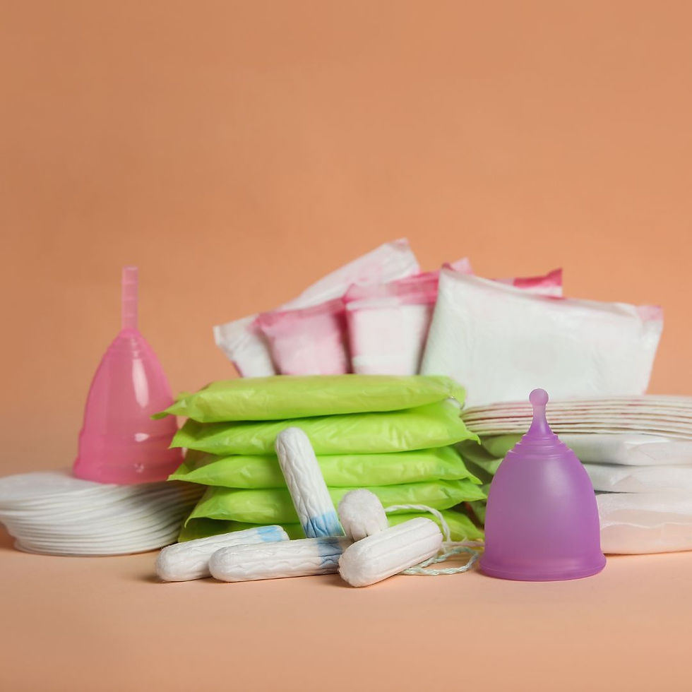 Various menstrual products, including tampons, pads, and menstrual cups, are arranged on a peach background. Bright colors add vibrancy.