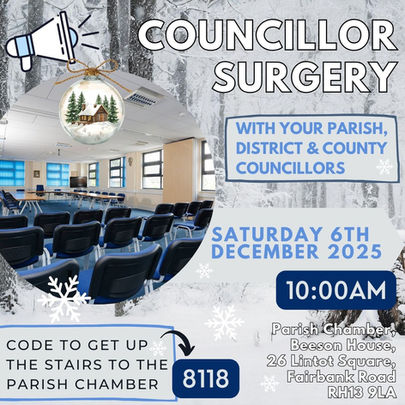 Council surgery meeting poster: Snowy background, empty meeting room, and a hanging ornament. Event on Dec 6, 2025, at 10:00 AM. Code: 8118.