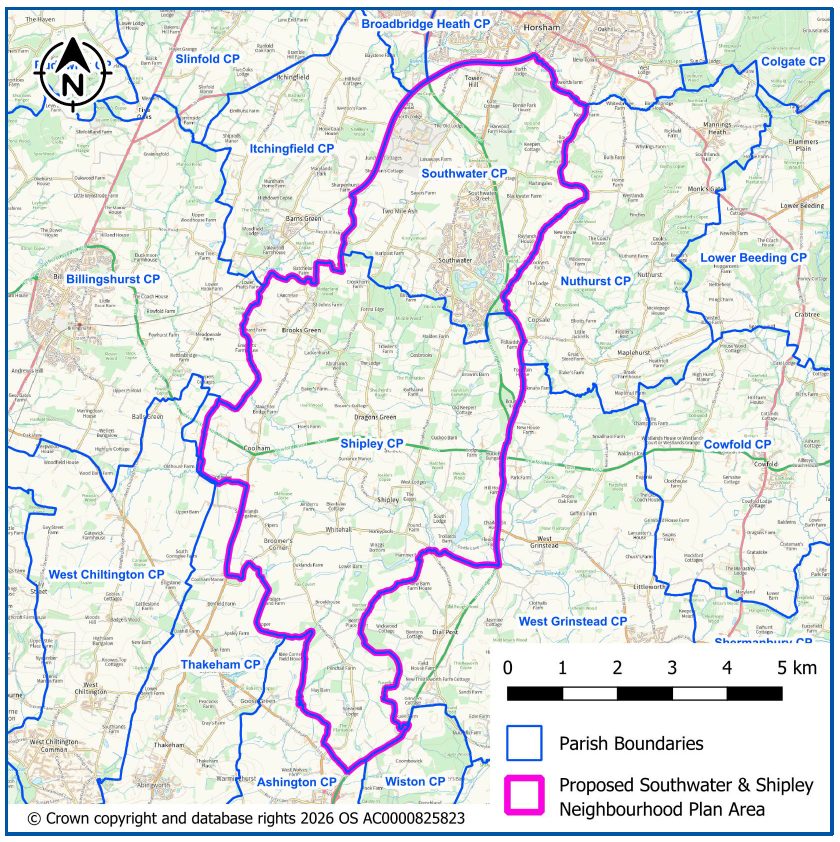 Map highlighting Southwater & Shipley Neighbourhood Plan Area in magenta. Parish boundaries in blue. Scale bar at bottom right.