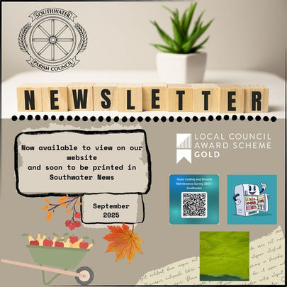 Southwater Parish Council newsletter with updates, a plant, autumn leaves, an award badge, and graphics related to local maintenance. Text present.
