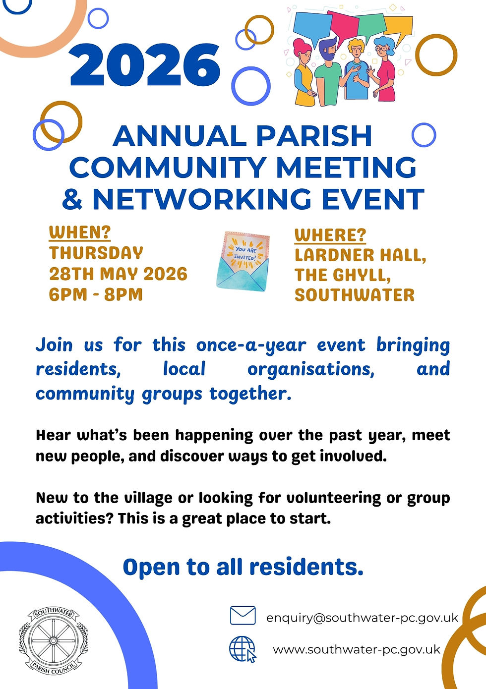 Flyer for 2026 Annual Parish Community Meeting on 28th May, 6-8 PM at Lardner Hall, Southwater. Invitation and contact details included.