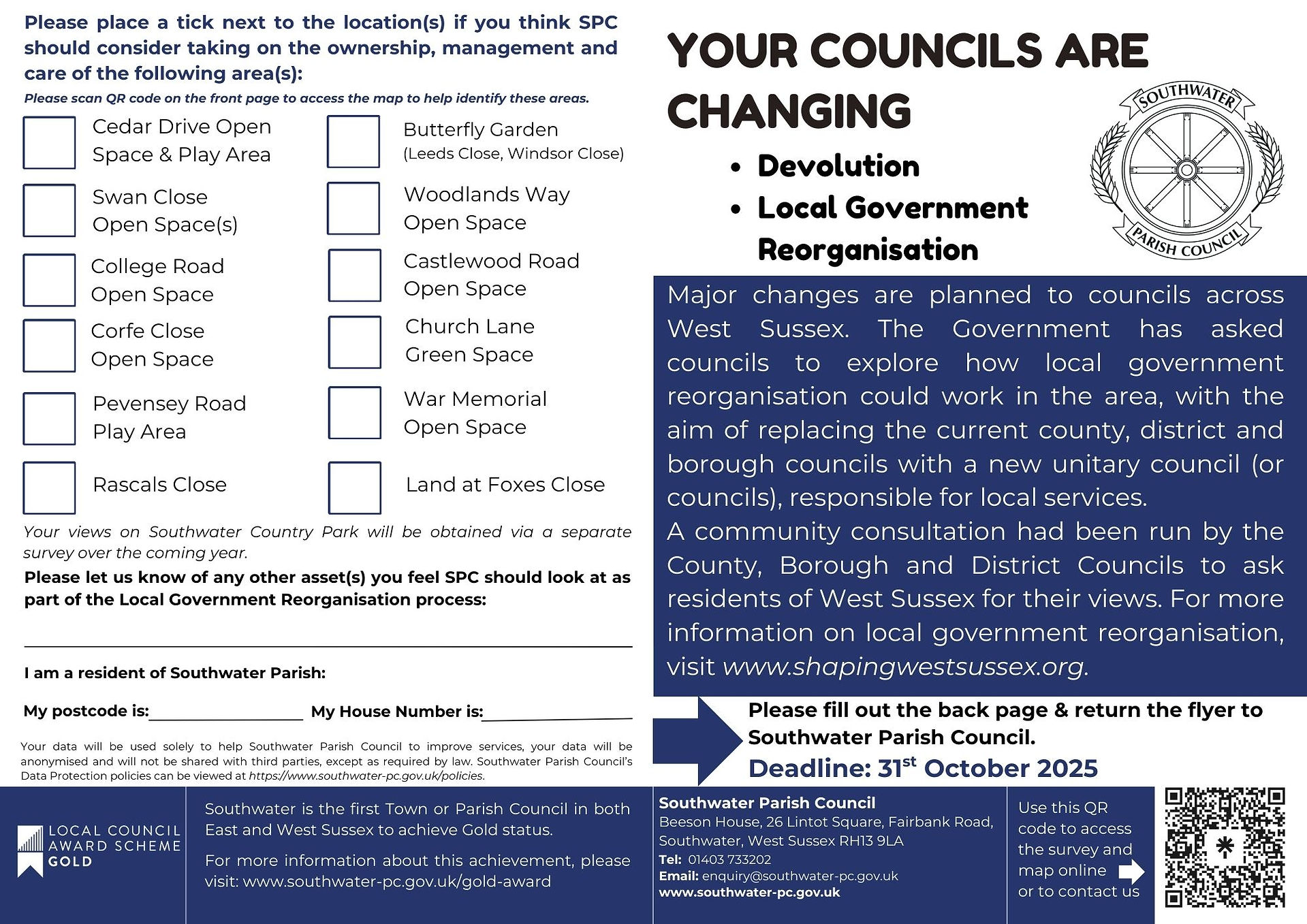 White flyer with dark blue text boxes and white and black text. QR code and logo are also present.