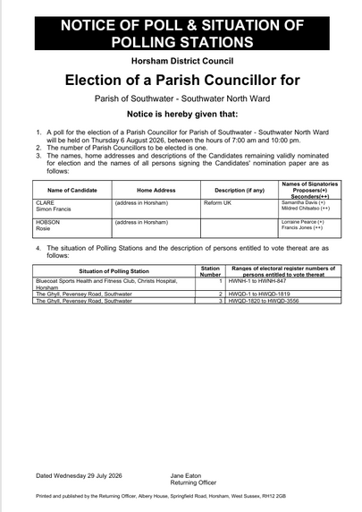 Election notice poster for Horsham District Council listing Parish of Southwater polling stations, candidates, dates, and tables.