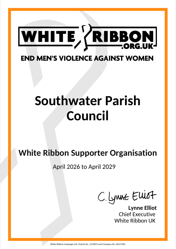 Certificate for Southwater Parish Council as a White Ribbon Supporter Organisation from April 2026 to April 2029. Signed by Lynne Elliot.