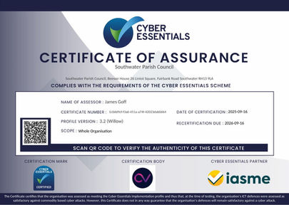 Cyber Essentials Certificate. Features logos, QR code, and text detailing assessor, certification date, and scope. Blue and white theme.