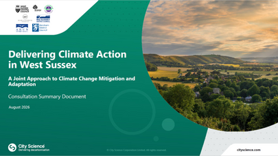 Climate action report cover for West Sussex, with green design, council logos, and a sunset valley landscape photo.