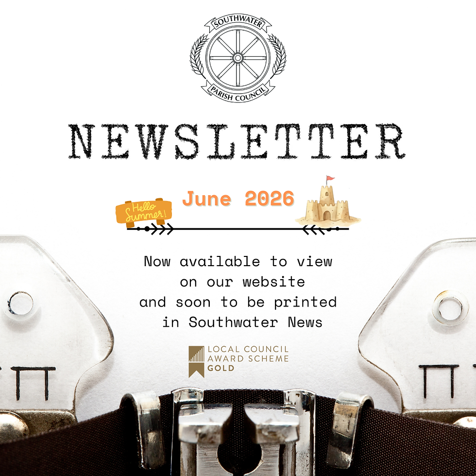 Southwater Parish Council newsletter for June 2026, with typewriter keys, announces online view and soon print availability. Award logo visible.