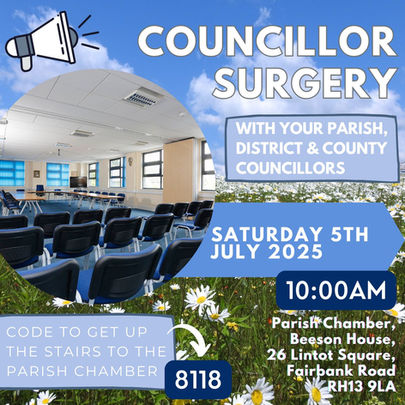 Flyer for Councillor Surgery on July 5, 2025, at 10:00 AM. Features an empty meeting room, daisies, and access code 8118. Settings: Parish Chamber.