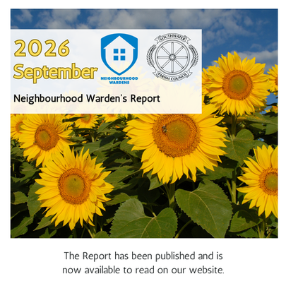 Sunflowers under a blue sky with a poster reading 2026 September Neighbourhood Warden's Report, Southwater Parish Council.