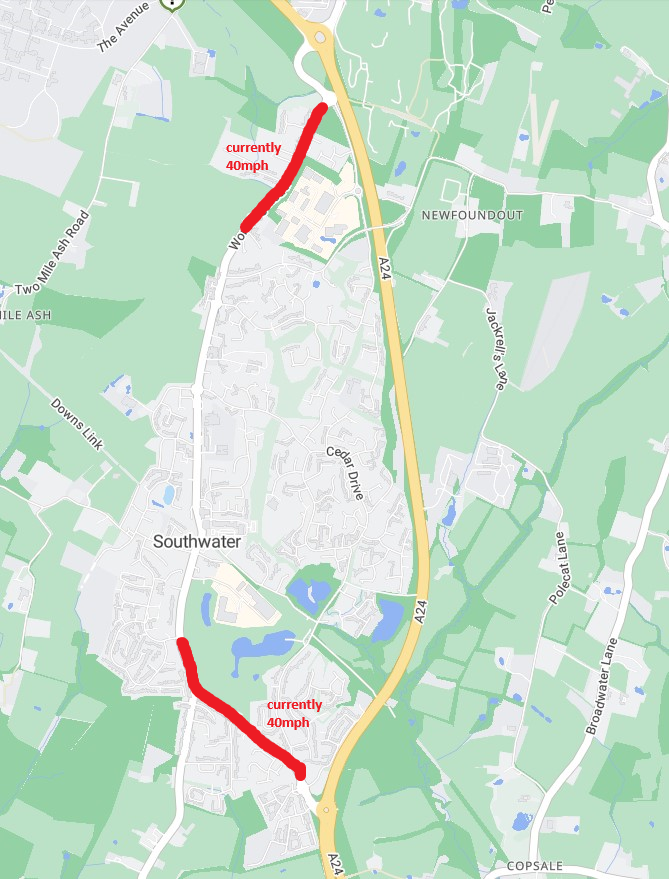 Map showing Southwater area with two red road sections marked. Text reads "currently 40mph" near marked roads. Green landscape background.
