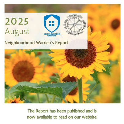 Sunflowers with "2025 August Neighbourhood Warden's Report" text overlay. Bright, sunny mood. Report now available online.