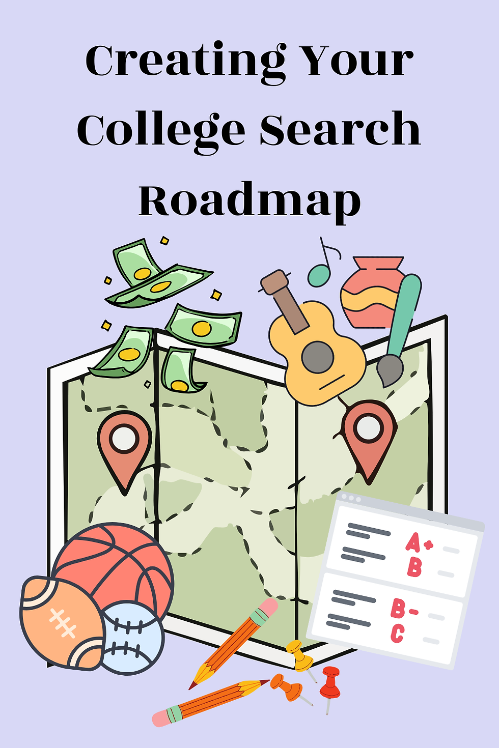 a map with money, a report card, and sports equipment mean to represent a roadmap for a college search