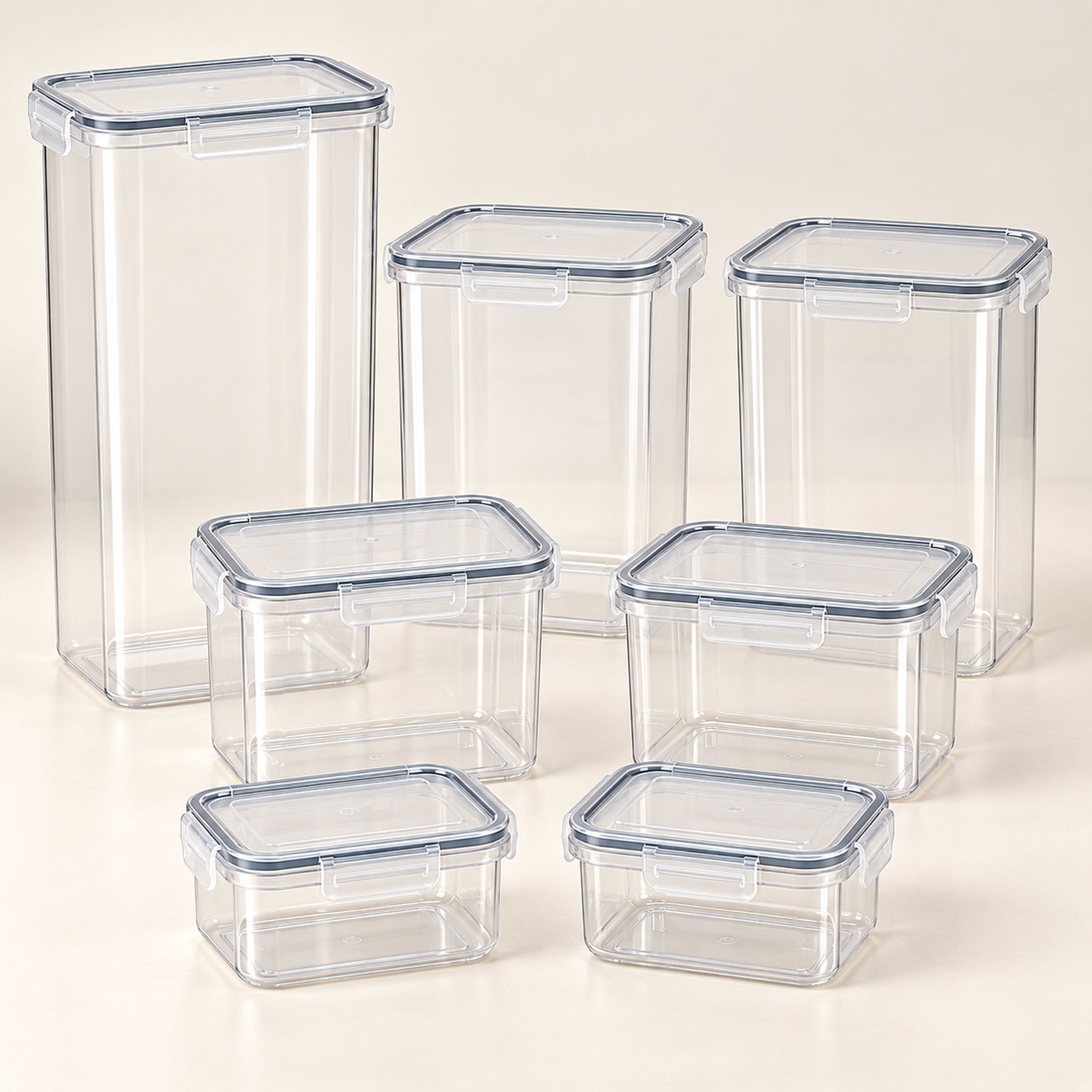Seven-piece clear pantry storage container set with matching lids