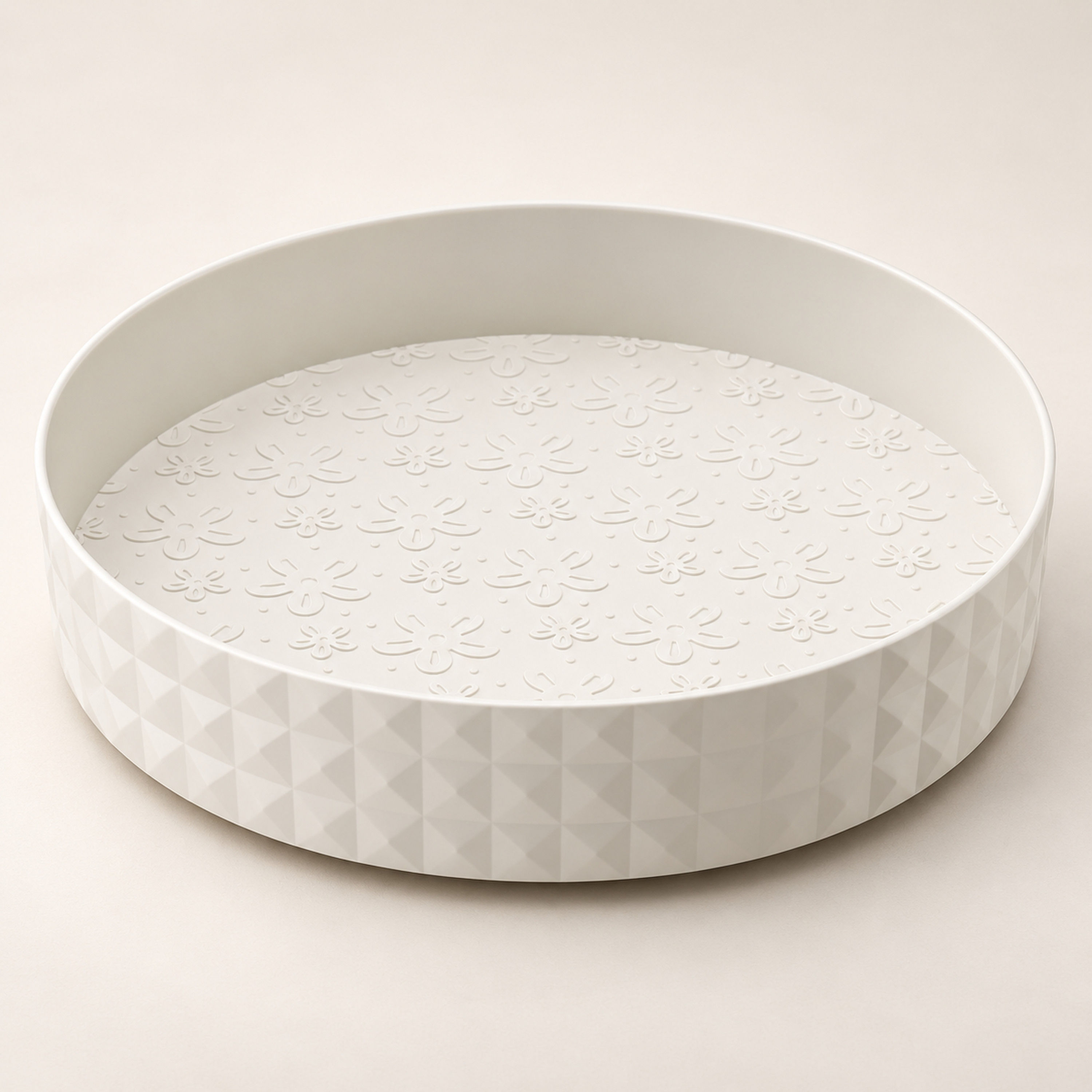 Cream white 360-degree rotating Lazy Susan organizer on a neutral background