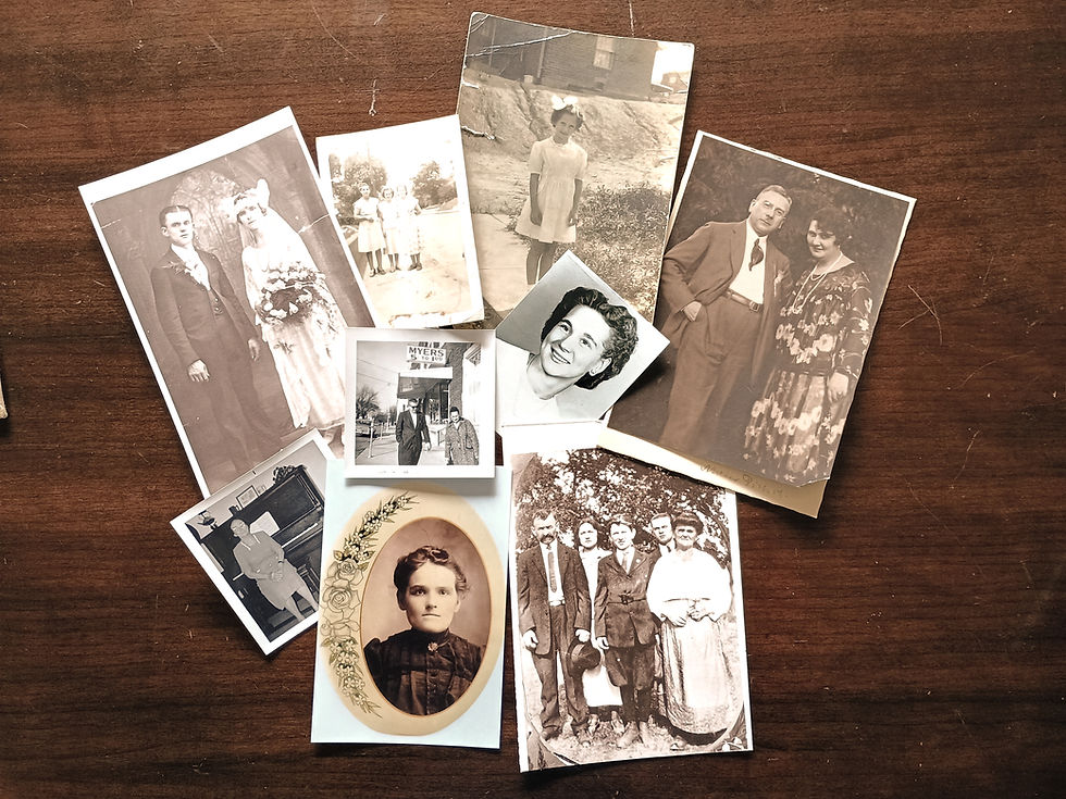 Collection of old family photos, mostly black and white and faded. Ranging from the early to mid 1900s.