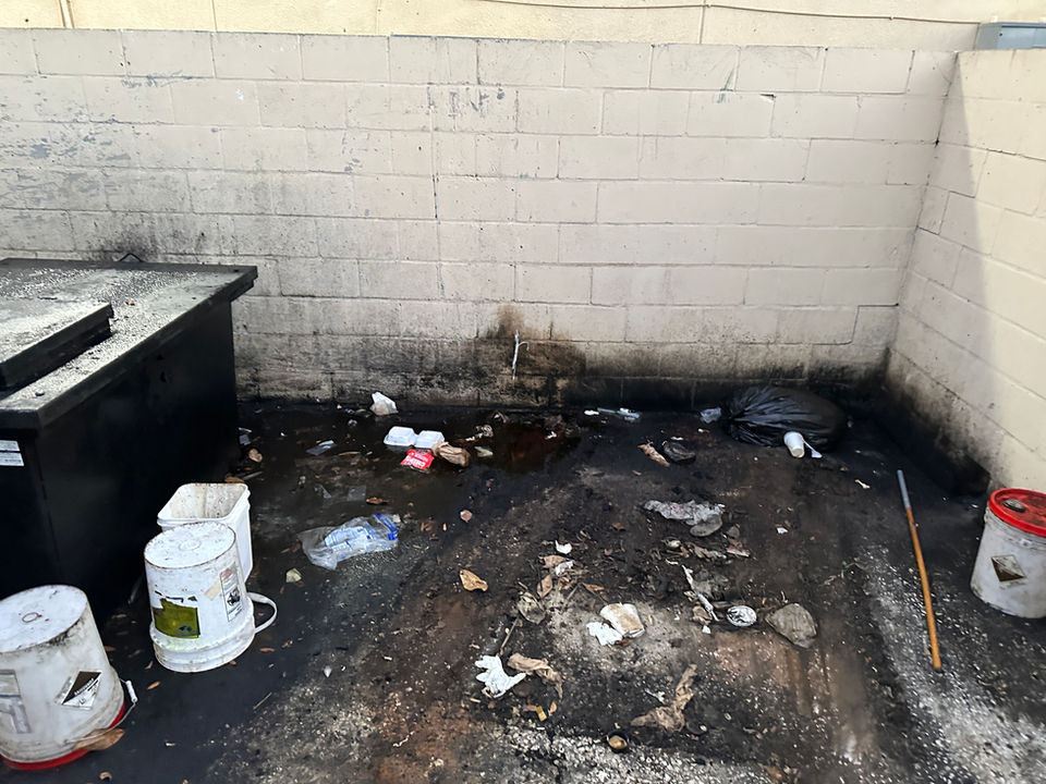 Disgustingly dirty dumpster pad.