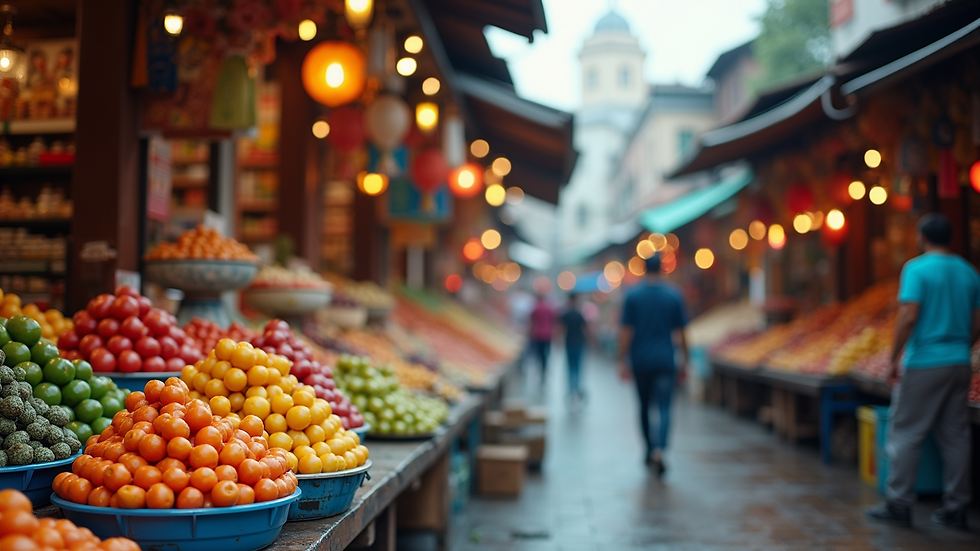Close-up view of a vibrant local market with colorful stalls