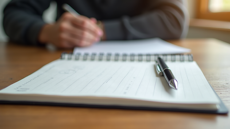 Eye-level view of a journal and pen on a wooden table, symbolizing mental health awareness