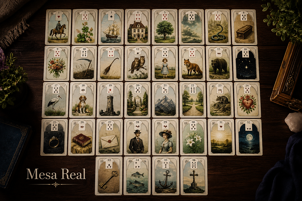 36 cartas, uma leitura. A Mesa Real mostra o que está ativo em cada área da sua vida agora.