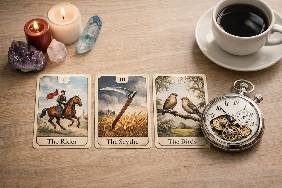Foto em ângulo superior de três cartas do baralho cigano (Lenormand) sobre uma mesa de madeira escura. Ao lado relógio antigo de metal. A imagem representa a análise do tempo e da rapidez nas leituras de cartas, com estética limpa e profissional.