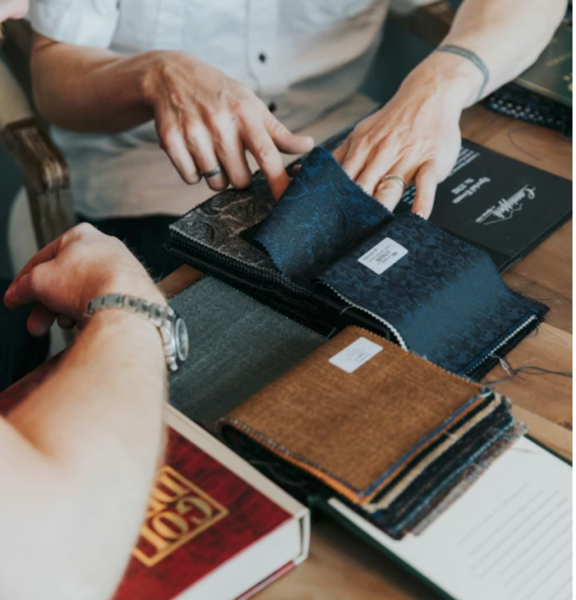 Colleagues deciding on fabric swatches