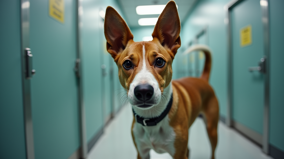 Eye-level view of a Basenji dog in a clean indoor kennel