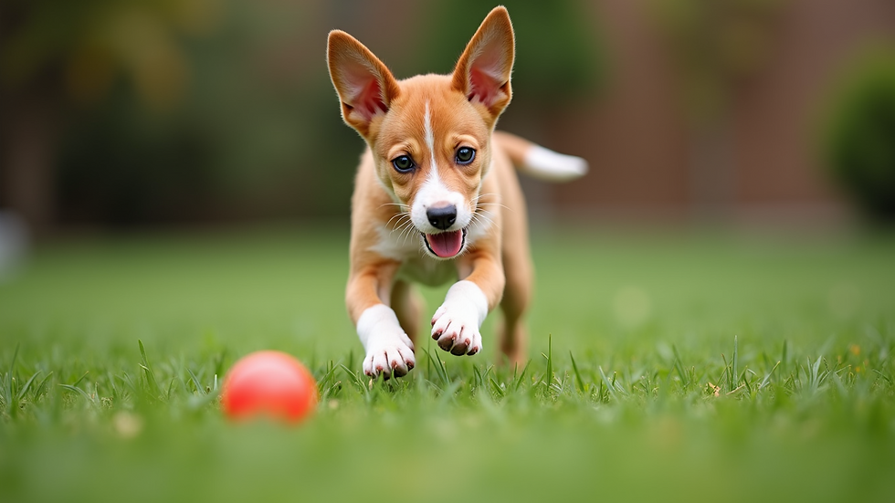 Close-up view of a Basenji puppy playing in a grassy yard