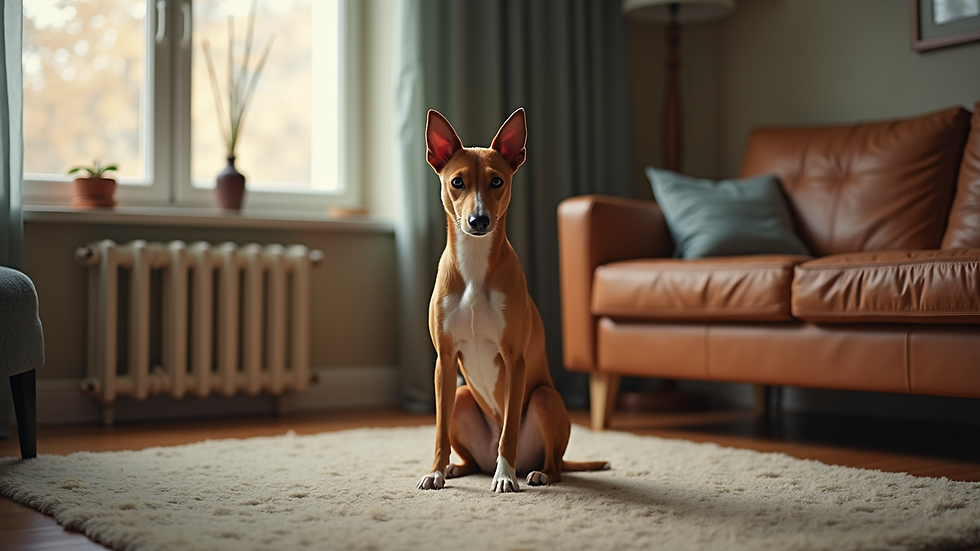 High angle view of a Basenji dog sitting quietly in a living room