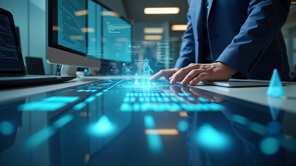 Eye-level view of a futuristic workspace with holographic job search interfaces