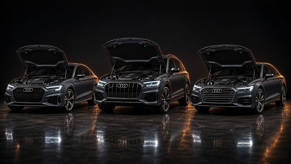 Audi A3, Q7 and A6 with hoods open for inspection in Murray, UT