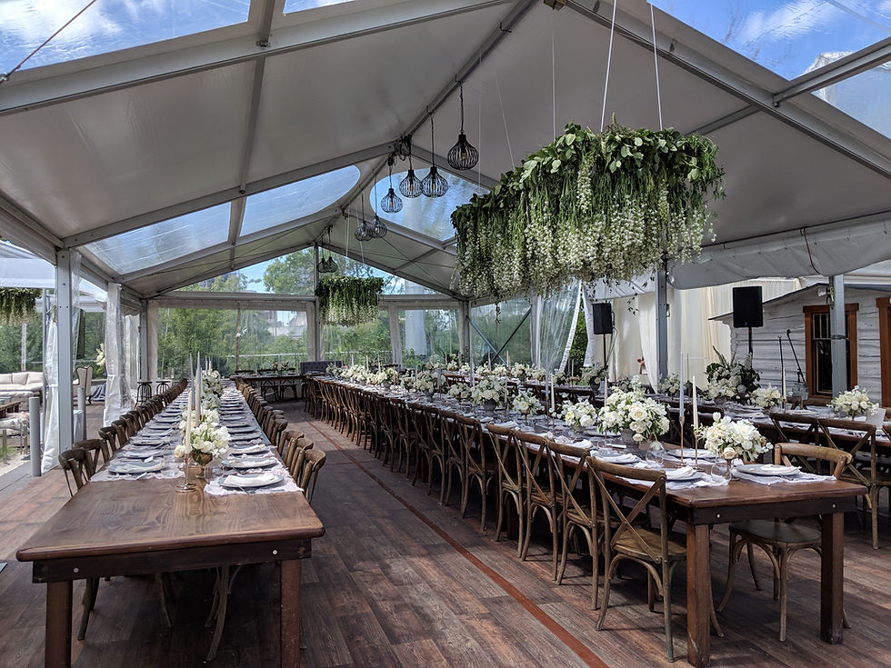 Clearspan tent with skylight roof and wedding set up, outdoor event