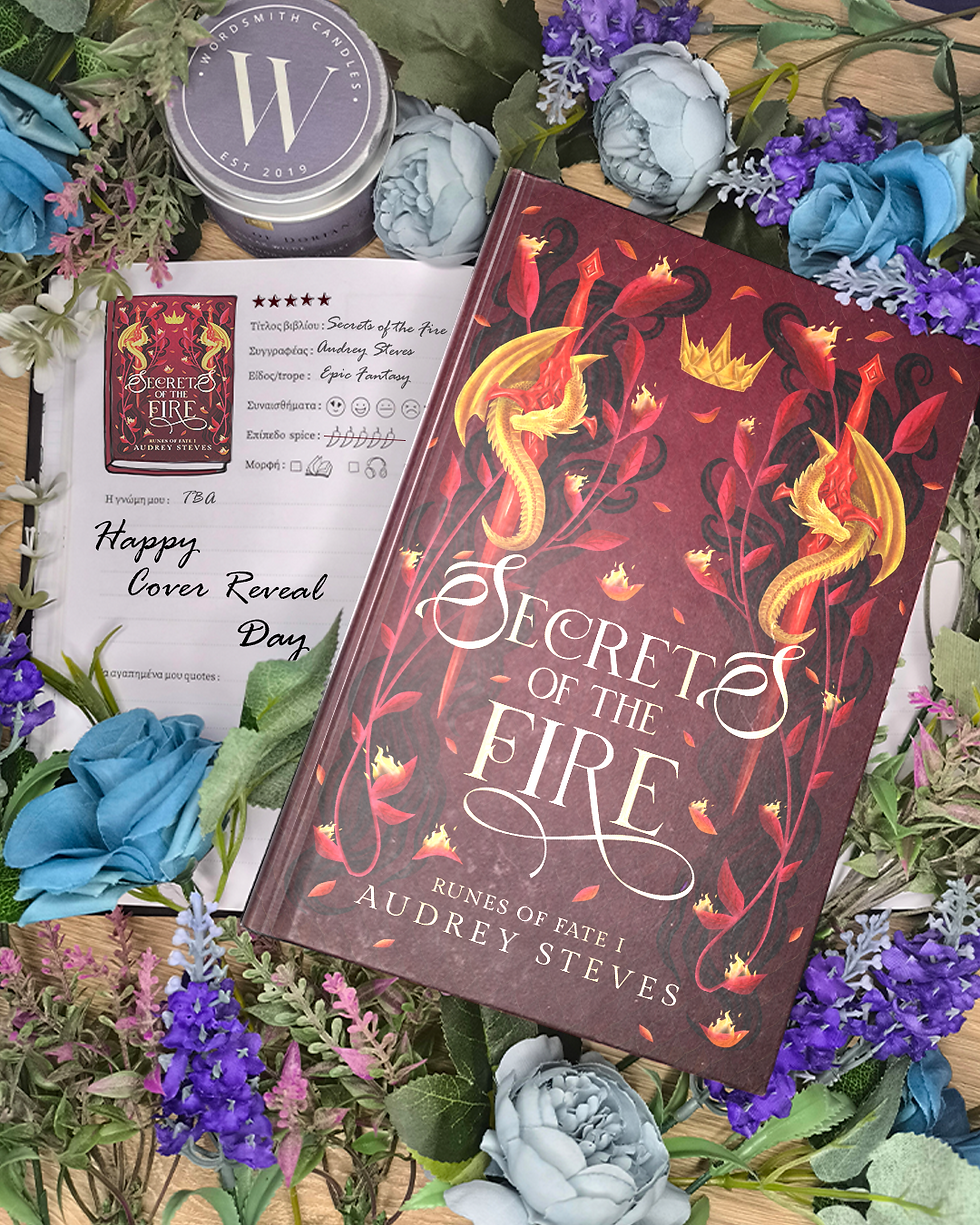 Red book titled "Secrets of the Fire" with dragon design on petals. Surrounded by purple and blue flowers, a purple candle, and a reveal note.