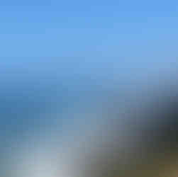Cliffside view of jagged rocks along a bright blue ocean; waves crash against the shore under a clear sky, with green foliage in the foreground.