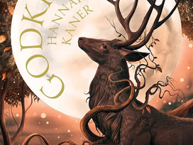 A deer with antlers and vines wrapped around it, the full moon in the background