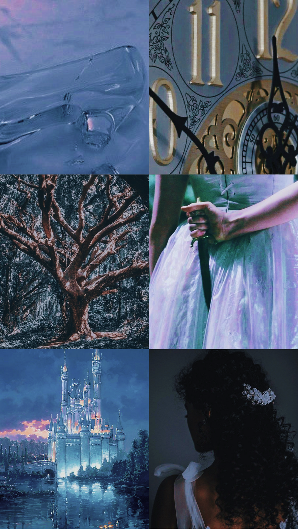 A dark, moody collage inspired by a twisted fairy tale. Top-left: a single glass slipper lies on a soft surface, tinted blue. Top-right: a close-up of a vintage golden clock nearing midnight. Middle-left: a gnarled, leafless tree in a dim forest. Middle-right: a girl in a shimmering dress holds a dagger behind her back. Bottom-left: a glowing fantasy castle at dusk with a purple sky. Bottom-right: a woman with curly hair adorned with white flowers stands in shadow, facing away.