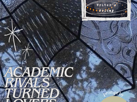 Stained glass background with a small celestial design featuring a sun. Text: "ACADEMIC RIVALS TURNED LOVERS THE LAST LINE" with "Writer's Friday" and "prompt by Candlelit Chronicles."