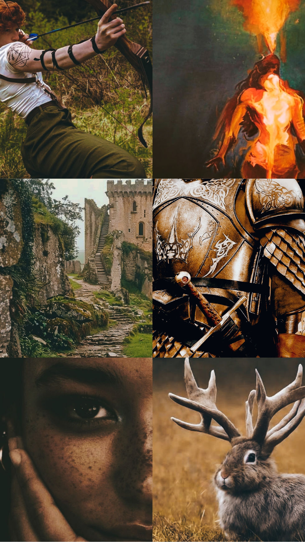 Archer aiming in nature, a fiery painting, ancient castle ruins, ornate armor, close-up of a freckled face, and an antlered rabbit.