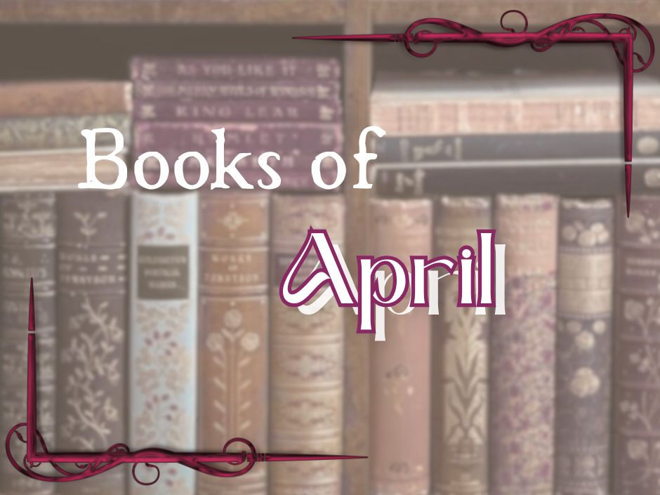 Vintage books on a shelf with ornate spines. Text reads "Books of April" in white and pink with decorative corner accents.