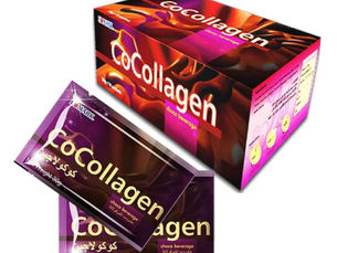 A box and two sachets of Edmark CoCollagen choco beverage, a chocolate-flavored drink mix.