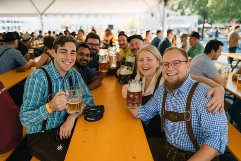 Mountain View Oktoberfest Attendees enjoying a beer in Steins in Bavarian Attire at the Bay Area German Event